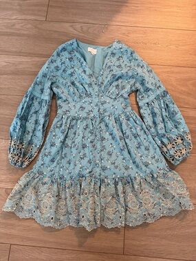 Girls' Light Blue Floral Lace-Trim Casual Dress